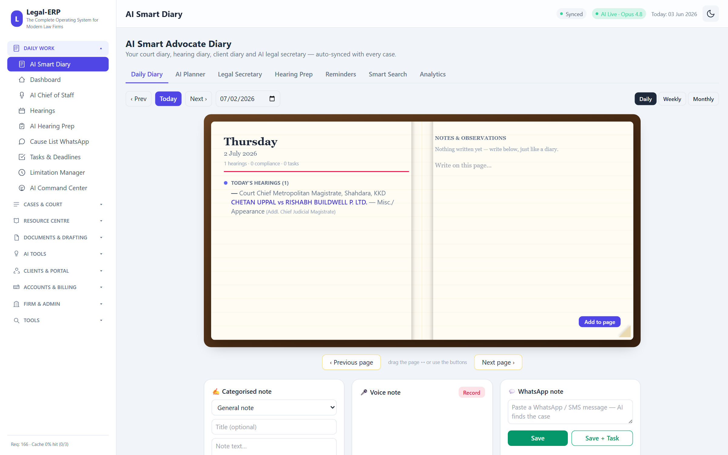 Advocate-ERP smart court diary dashboard